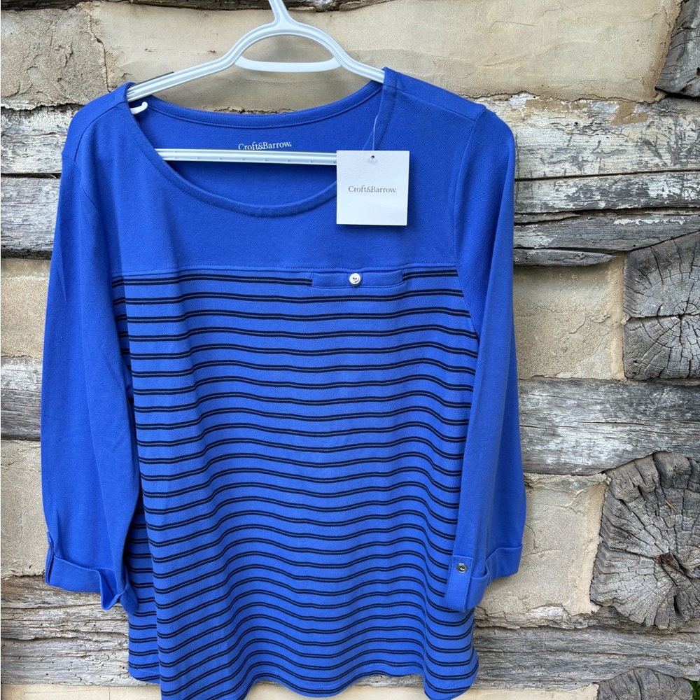 Croft & Barrow Blue Top with Black Stripes and Button Detail on the Sleeves XL